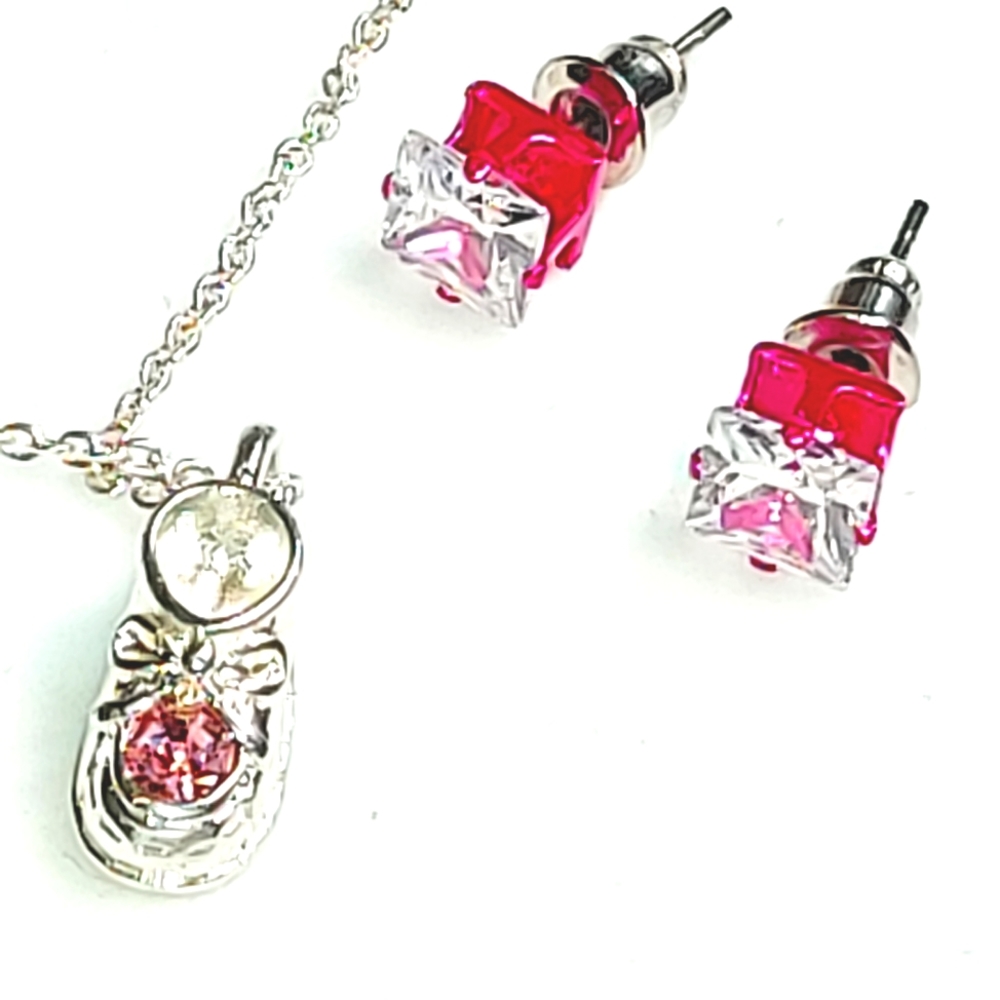 Silver & Pink Crystal Baby Shoe Charm Silver Chain & NWT Cubic Zirconia Earrings